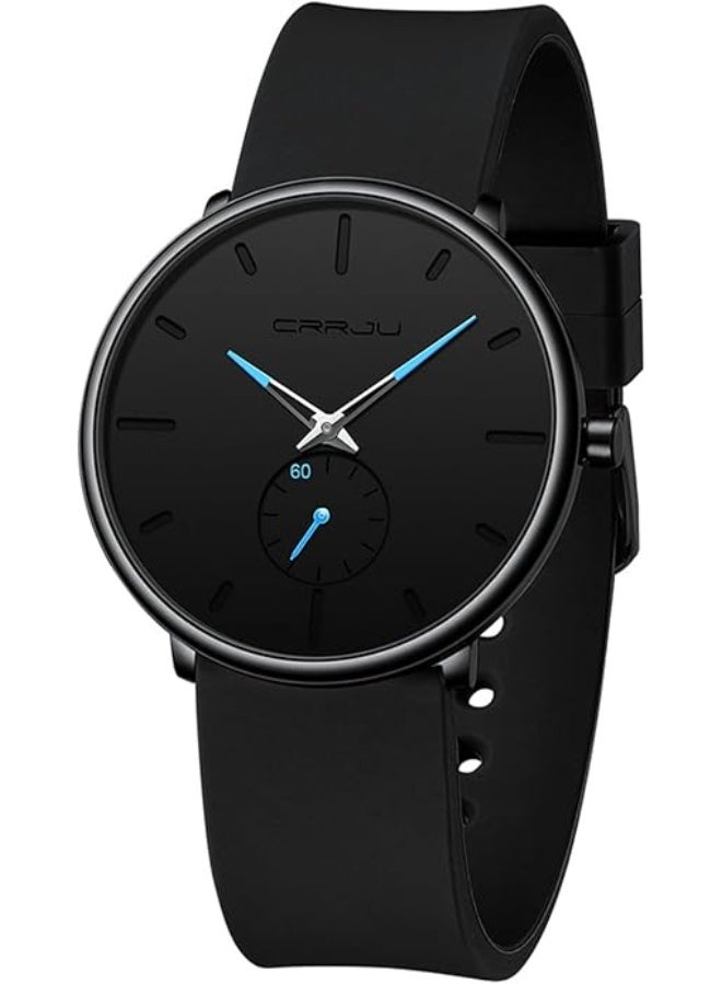 CRRJU Men’s Women Watch Casual Stylish Waterproof Quartz Unisex Wristwatches, Ultra Thin Watches for Men Women, Black Silicone Band - Image 1